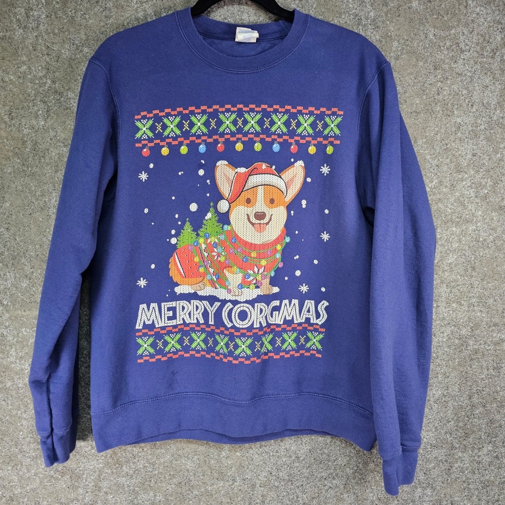 Port & Company Fair Isle Corgi Christmas Graphic Print Sweatshirt, Navy, Sz Med
